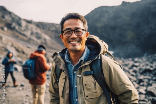 Happy Asian man hiker with backpack walking on the trail in the mountain