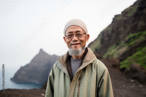 Portrait of senior Asian man standing on the mountain looking at camera.