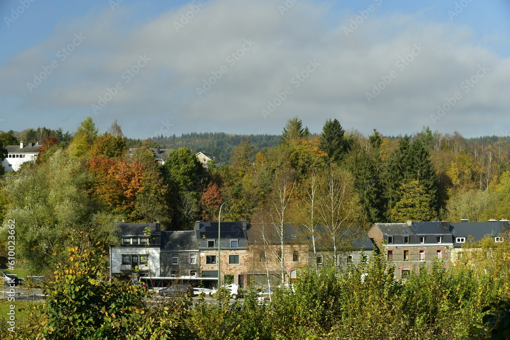 Quelques immeubles typiques noyés dans la végétation luxuriante en automne à Vielsalm
