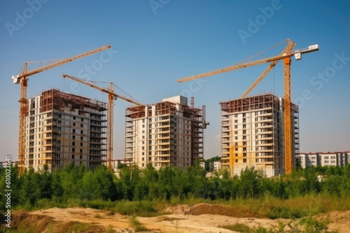 Cranes construction of apartment buildings landscape. AI