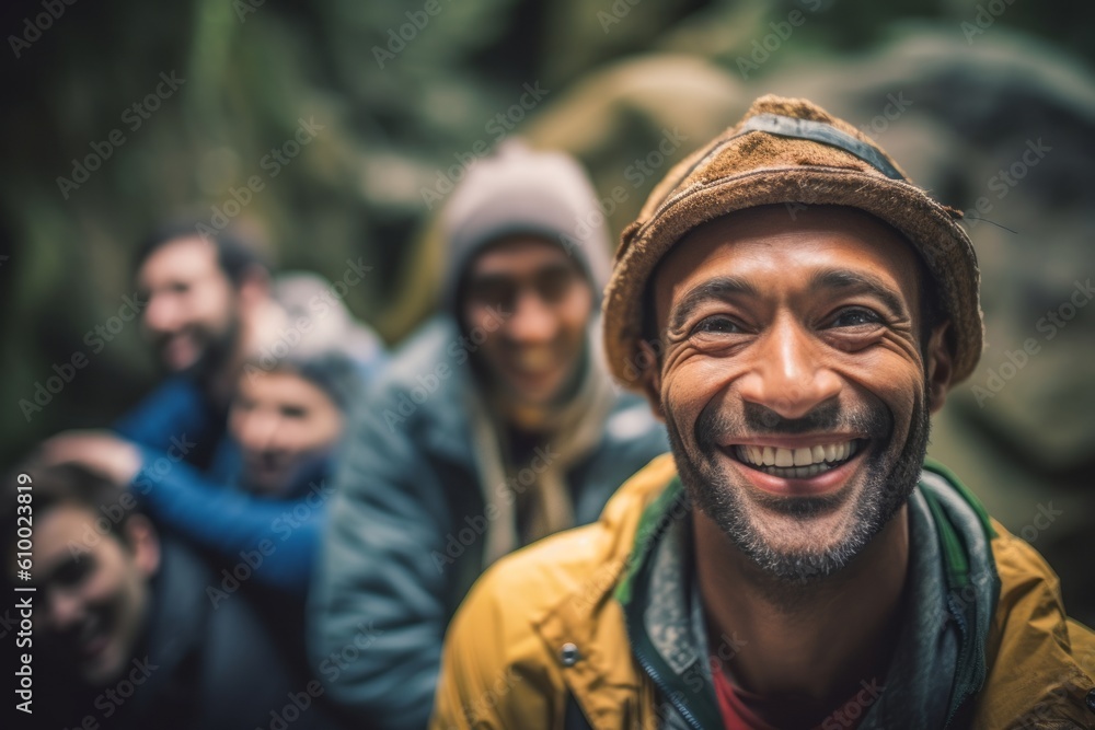 Portrait of a smiling man with friends in the background on a hike
