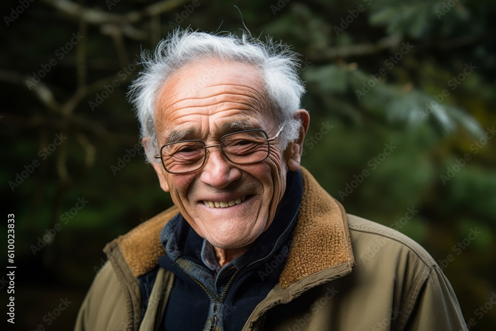 Portrait of an elderly man with glasses smiling in the forest.