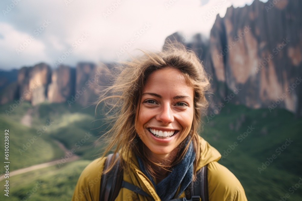 Portrait of a smiling young woman with a backpack on the background of the mountains Portrait of a smiling young woman with a backpack on the background of the mountains
