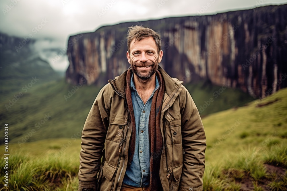 Portrait of a handsome man with a beard on the background of mountains.