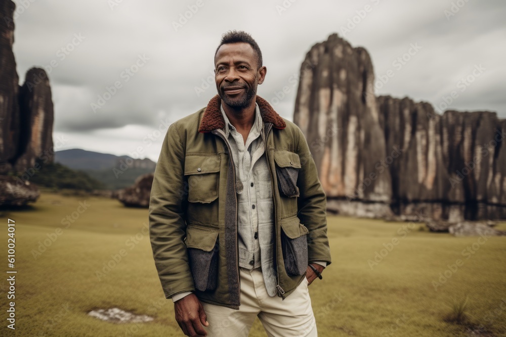Portrait of a handsome African American man with a beard wearing a green jacket and white pants standing in the middle of a rice field.