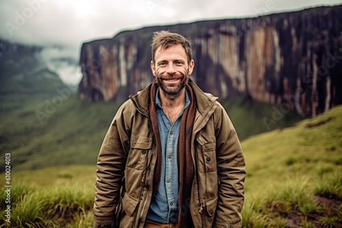 Portrait of a handsome man with a beard on the background of mountains.