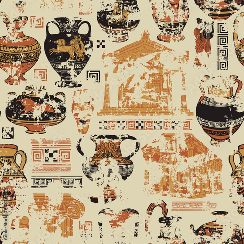 Vector seamless pattern on the theme of Ancient Greece with hand-drawn illustrations. Wallpaper, wrapping paper or fabric with ancient Greek amphorae, culture and architecture symbols