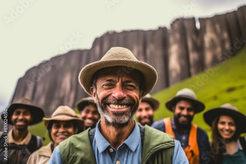 Portrait of a smiling man with his friends in the background.