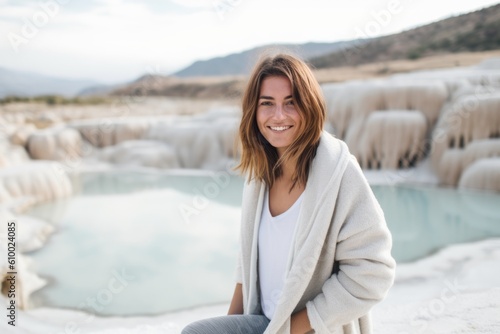 Portrait of a beautiful young woman with long hair, wearing a white coat, sitting on the terraces of Pamukkale, Turkey. © Anne Schaum