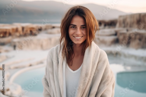 Portrait of a beautiful young woman wrapped in a warm blanket standing in a travertine pool in Pamukkale, Turkey