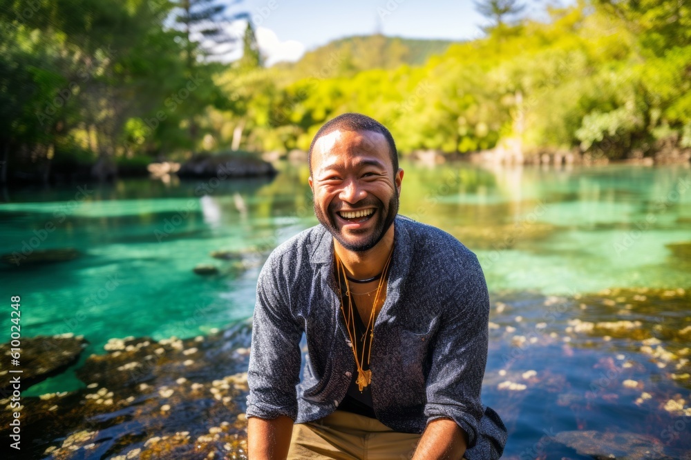 young happy and attractive Asian Chinese man tourist smiling cheerful and relaxed at beautiful turquoise water of Plitvice Lakes National Park in Croatia enjoying holidays trip