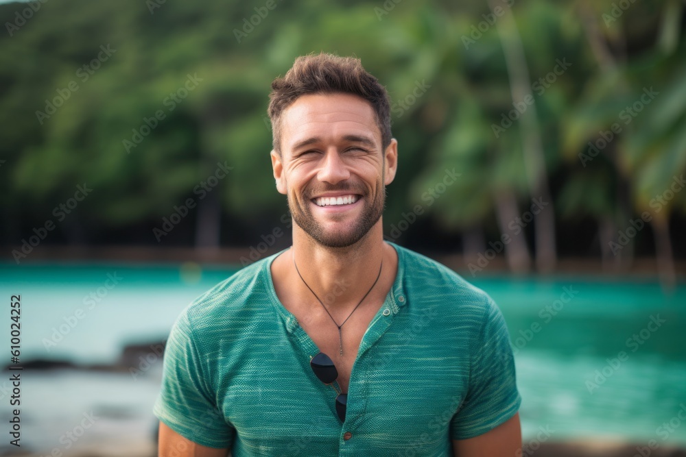Portrait of a handsome young man smiling on a tropical beach. Portrait of a handsome young man smiling on a tropical beach.