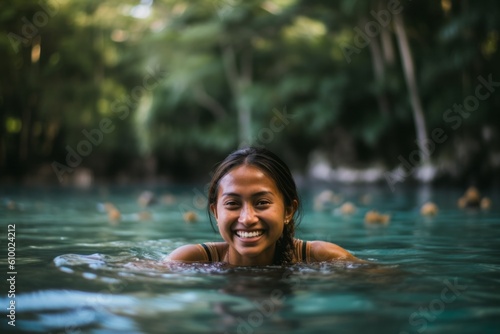 Beautiful asian woman relaxing in the pool at the jungle.