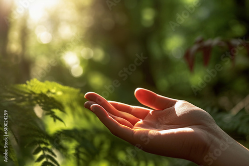 Cosmetic showcase space, open hand gesture. Defocused natural background. Generative AI.