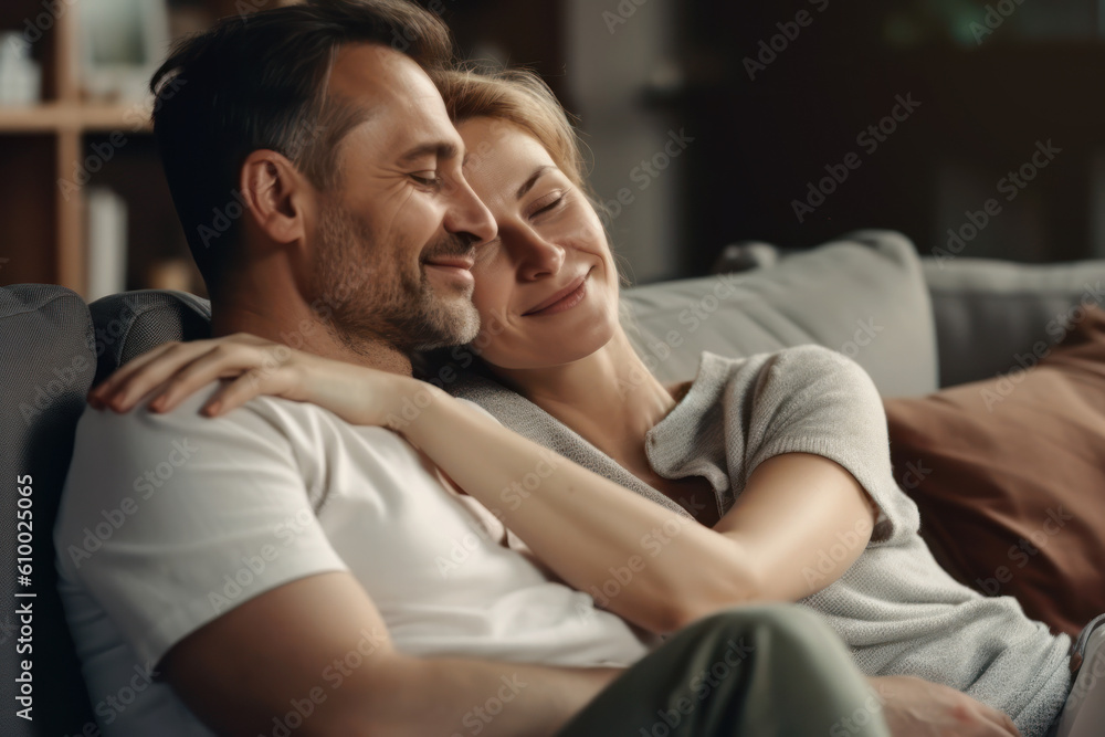 Obraz premium Happy middle-aged couple hugging on the couch. Photorealistic illustration generative AI.