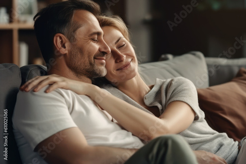 Happy middle-aged couple hugging on the couch. Photorealistic illustration generative AI.