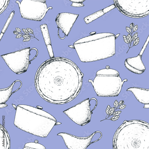 Kitchenware seamless pattern. Menu design background. Hand drawn sketch. Stewpot, stewpan, cup, frying pan, creamer, ladle, sugar bowl