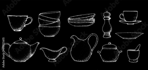 Kitchenware sketch collection. Kitchen utensils sketch set. Hand drawn vector illustration. Cup, plates, spice grinder, teapot, jug, spice mortar, bowl, creamer