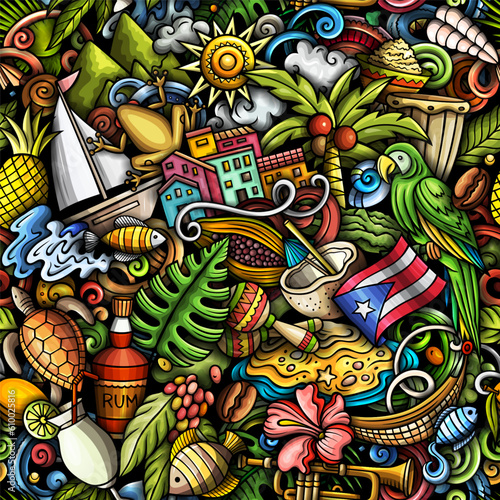 Fotografie, Obraz PUERTO RICO doodles seamless pattern.