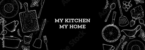 Kitchenware frame. Kitchen utensils sketch. Hand drawn vector illustration. Plates, spatula, stewpan, pan, stewpot, frying pan, wooden cutting board, fork, spoon