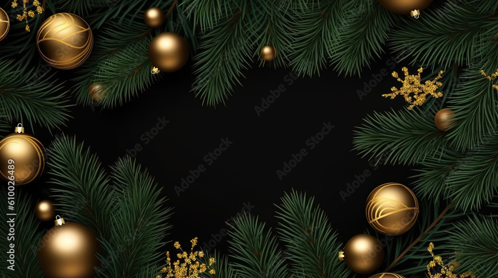 Shiny decorative ball hanging on golden lace on fir tree. Generative ai