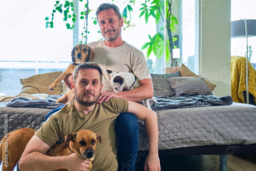 Canvas Print portrait of authentic gay couple of two mature boys on the sofa at home with the