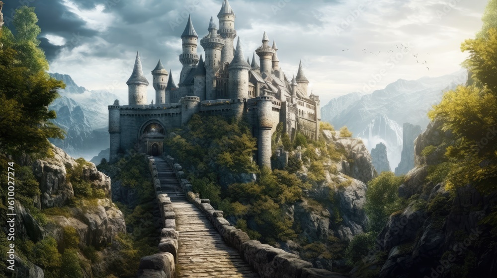 Fantasy landscape with fantasy medieval castles in the mountains. Created with Generative AI tools Fantasy landscape with fantasy medieval castles in the mountains. Created with Generative AI tools