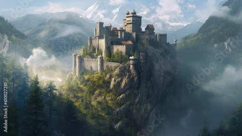 Panoramic view of the medieval castle in foggy morning. Created with Generative AI tools