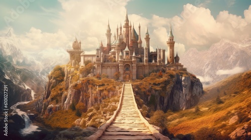 Magic fantasy castle in the mountains. Fairytale landscape. Created with Generative AI tools © DIGITALSHAPE