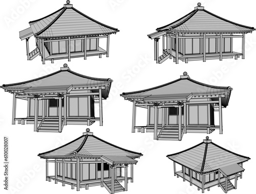 Japanese traditional wooden temple cartoon illustration vector sketch