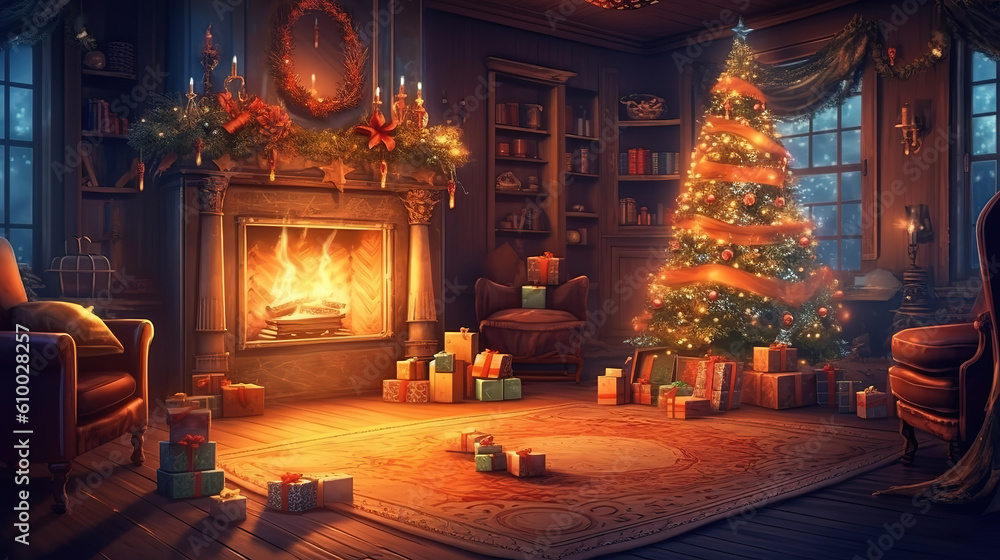 Stylish interior of living room with beautiful Christmas tree and fireplace. Generative ai