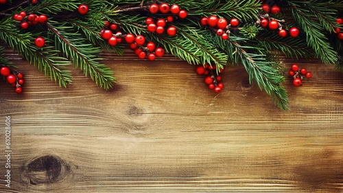Christmas Holiday Evergreen Pine Branches and Red Berries Over Wood Background. Generative ai