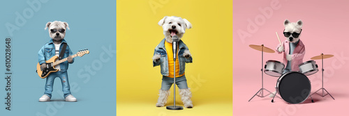 A dog in jeans and sneakers sings into a microphone, drummer dog plays a drum, dog musician plays guitar. Talented dogs, professional musicians performing on multicoloted background in neon light. photo