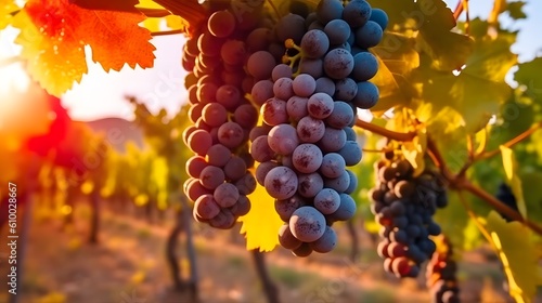Ripe red wine grapes in vineyard ready for harvest, Tuscany, Italy, close up