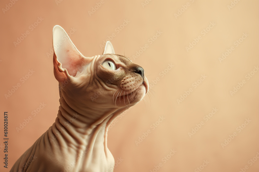 Studio shot portrait of sphynx cat tilting head side. Isolated background