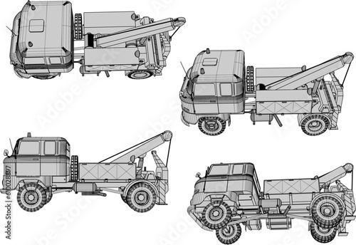 Sketch vector illustration of a classic vintage old tow truck transporter breaking down