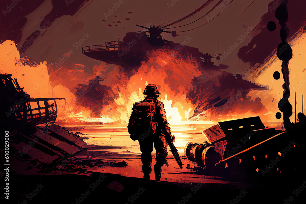 Soldier At War Vietnam 1960s 1970s Era With Dramatic Explosions and Wartime Background Scene Showing the Horrors of Battle Clouds Bombs Shells in a Cartoon Stylised Illustration Soldier At War Vietnam 1960s 1970s Era With Dramatic Explosions and Wartime Background Scene Showing the Horrors of Battle Clouds Bombs Shells in a Cartoon Stylised Illustration