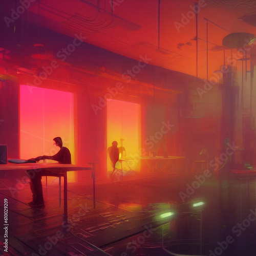 home interior style neon lighting window outline city view, futuristic cyberpunk and synthwave living room interior with view illustration