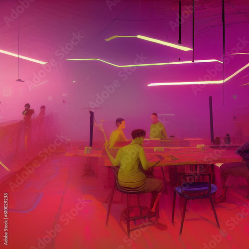 home interior style neon lighting window outline city view, futuristic cyberpunk and synthwave living room interior with view illustration