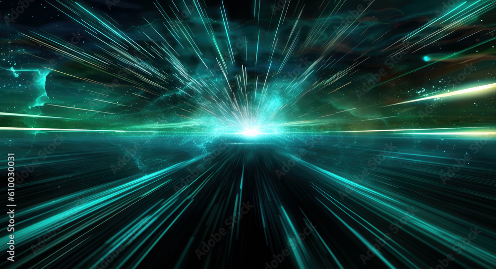 Futuristic abstract background with green light rays and speed lines in space