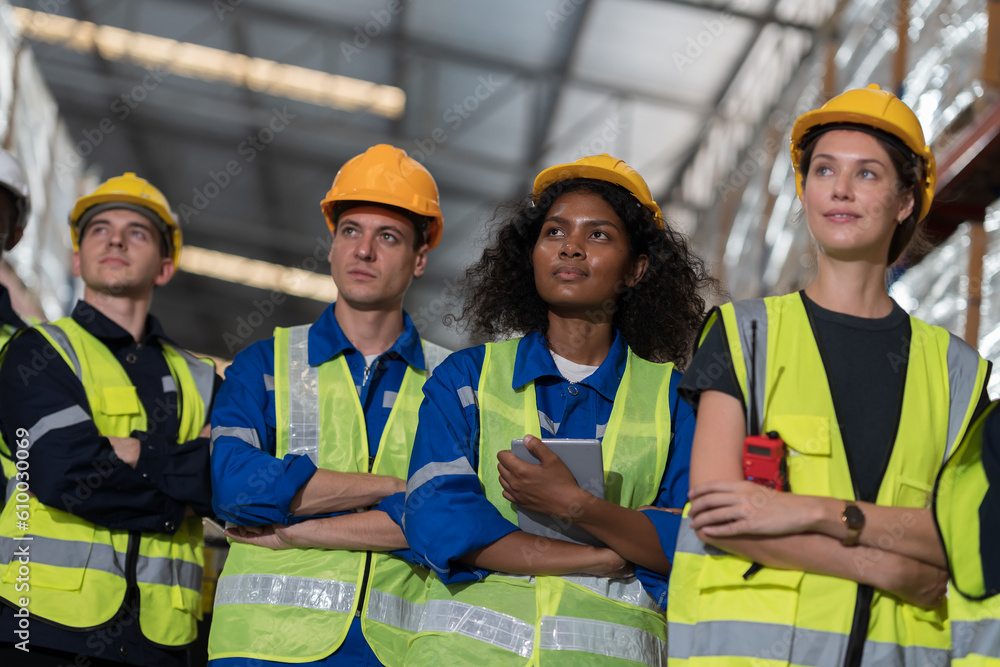 Group of warehouse workers standing with crossed arms in storage warehouse. Complete finish job. Successful of work concept Group of warehouse workers standing with crossed arms in storage warehouse. Complete finish job. Successful of work concept