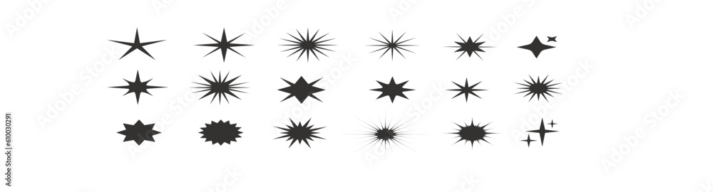 Star icons. Sparkle shape, twinkle light symbol. Glitter shine element, starburst magic signs. Christmas stars firework vector isolated set Star icons. Sparkle shape, twinkle light symbol. Glitter shine element, starburst magic signs. Christmas stars firework vector isolated set