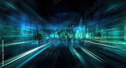 Futuristic city with glowing lights and high speed motion blur.