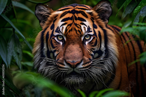 Sumatran tiger in forest, portrait, Generative AI