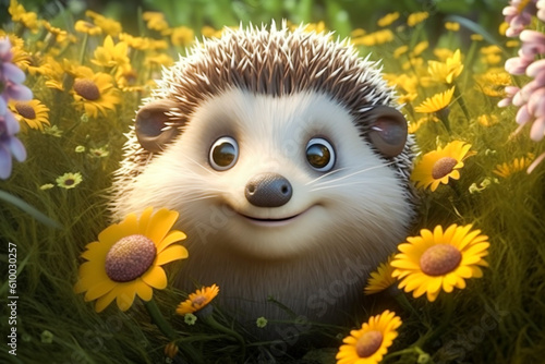 Generative AI. hedgehog in meadow flowers in the style of 3 d illustrations. festive printed products. holiday card or invitations concept.