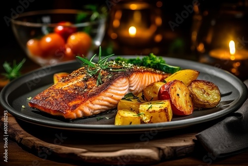 Fried salmon steak with potatoes and vegetables on wooden table generative AI