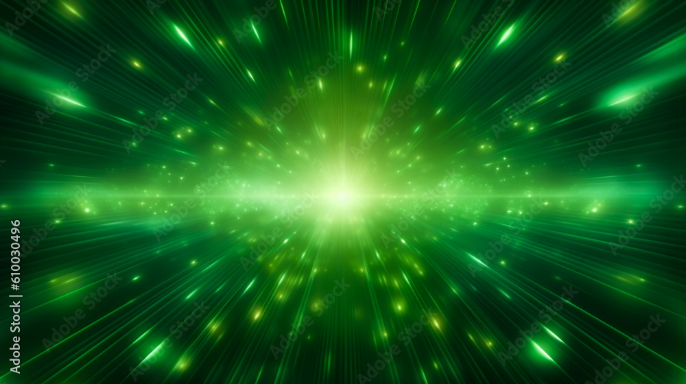 Empty green postcard. Background with shiny glow beams lights. Banner with copy space. Generative AI