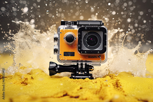 Action camera in waterproof case in sand Generative AI