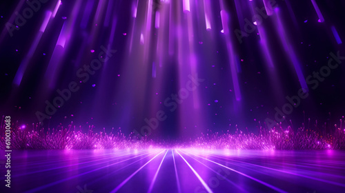 Empty purple stage or podium for product presentation  gold yellow background with shiny glow beams lights. Banner with copy space. Generative AI