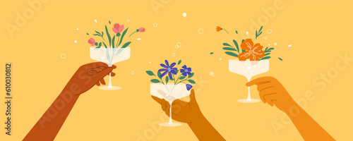 Diversity man or woman hands clink champagne, wine or martini glass with bloom flowers. Cocktail, fresh juice, floral drink, spring beverage. Beach summer party poster. Bar cheers vector illustration